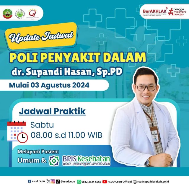 AWAS KECELIK !!JADWAL BARU dr. S. HASAN, Sp.PD Hai #sobatrsudcepu 👋🏻Ini nih minin kasih info terupdate terkait jadwal praktik Spesialis Penyakit Dalam oleh dr. Supandi Hasan, Sp.PD, mulai hari Sabtu 03 Agustus 2024 Jadwal praktik sbb:🧑🏻‍⚕️ dr. Supandi Hasan, Sp.PD🗓️ Sabtu🕗 08.00 s.d 11.00 WIB••Disimpan baik-baik ya, jangan sampai putar balik 🤩#rsudcepu #rumahsakitcepu #spesialispenyakitdalam #polipenyakitdalam