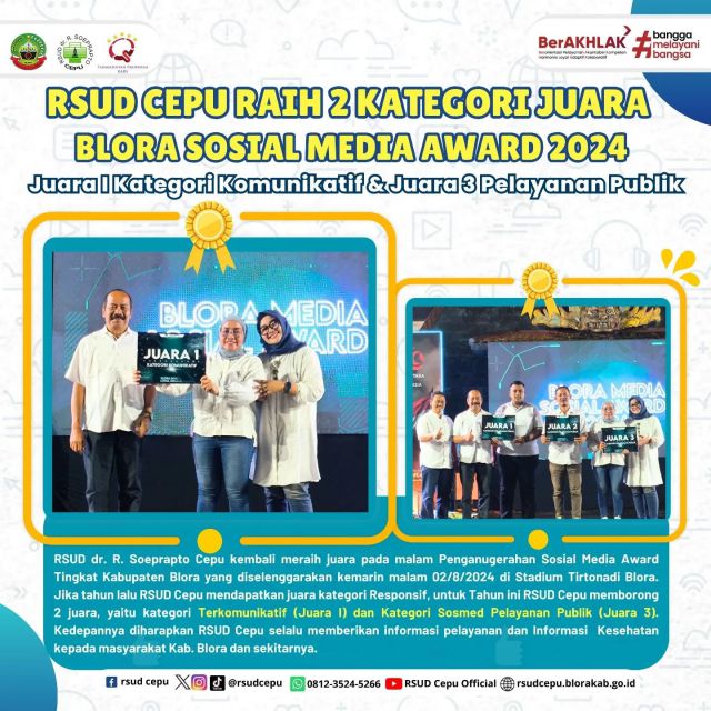 RSUD CEPU RAIH 2 KATEGORI JUARABLORA SOSIAL MEDIA AWARD 2024 🏆••RSUD dr. R. Soeprapto Cepu kembali meraih juara pada malam Penganugerahan Sosial Media Award Tingkat Kabupaten Blora yang diselenggarakan oleh Dinkominfo Blora, kemarin malam 02/8/2024 di Stadium Tirtonadi Blora. Jika tahun lalu RSUD Cepu mendapatkan juara kategori Responsif, untuk Tahun ini RSUD Cepu memborong 2 juara, yaitu kategori Terkomunikatif (Juara I) dan Kategori Sosmed Pelayanan Publik (Juara 3). Kedepannya diharapkan RSUD Cepu dapat selalu memberikan informasi pelayanan dan Informasi Kesehatan kepada masyarakat Kab. Blora dan sekitarnya ✨••#rsudcepu #rumahsakitcepu #infocepu #infoblora #medsosaward2024