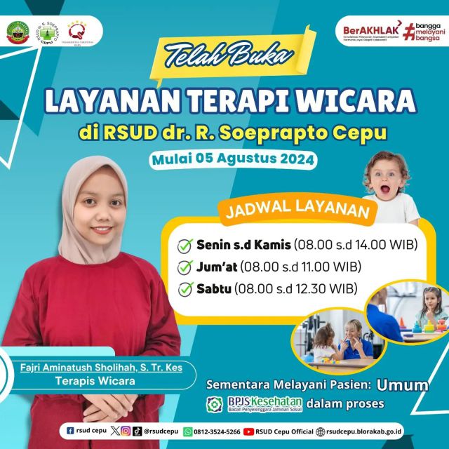 TELAH BUKA LAYANAN TERAPI WICARA ✨••Hai #sobatrsudcepu 👋🏻Fyi, di RSUD dr. R. Soeprapto Cepu sudah buka layanan terapi wicara loh, bagi sobat RSUD Cepu yang mungkin ada keluarga, saudara ataupun tetangganya yang memiliki kasus dibawah ini: •1. Gangguan bahasa (pemahaman, menamai/mengungkapkan)2. Gangguan bicara (artikulasi/kejelasan bicara)3. Gangguan irama kelancaran ( gagap, latah, bicara terlalu cepat)4. Gangguan suara (nada, kenyaringan, kualitas)5. Gangguan makan dan menelan•Bisa banget nih diterapikan di terapi wicara RSUD CepuUntuk jadwal layanan bisa dilihat di flyer atas ya 😍••#rsudcepu #rumahsakitcepu #terapiwicara #terapiwicaracepu #terapiwicarablora #speechdelay