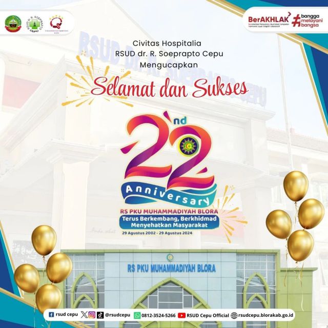 Selamat ulang tahun RS PKU Muhammadiyah Blora yang ke 22 tahun. Semoga selalu bisa memberikan layanan terbaik untuk masyarakat Blora dan sekitarnya.