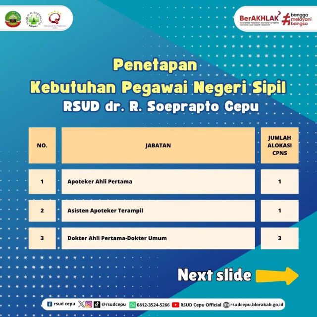 hai #sobatrsudcepu 👋🏻 RSUD Cepu membuka formasi untuk CPNS loh. Ada formasi yang kalian cari? Ayo daftar!