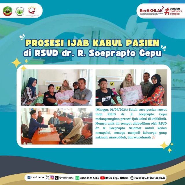 hai #sobatrsudcepu 👋🏻 RSUD Cepu kemarin berkesempatan menjadi saksi prosesi ijab kabul salah satu pasien rawat inap. Momen unik ini dilangsungkan hari minggu (1/9/2024) di poliklinik RSUD Cepu Semoga mbak dan mas menjadi keluarga yang sakinah mawaddah warahmah. Aamiin 🙏🏻