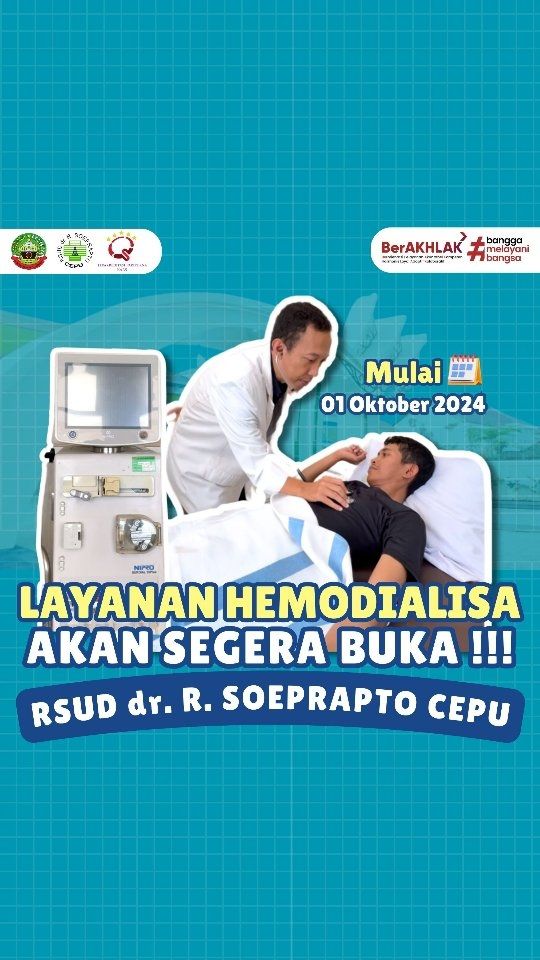 LAYANAN HEMODIALISA RSUD CEPU BUKA MULAI 01 OKTOBER 2024 ✨••Hai Sobat RSUD Cepu 👋🏻Layanan Hemodialisa atau cuci darah di RSUD dr. R. Soeprapto Cepu akan dibuka mulai tanggal 01 Oktober 2024 lohBagi sobat yang membutuhkan layanan cuci darah sekarang sudah bisa lebih dekat dari rumah ya, tentunya layanan hemodialisa di RSUD Cepu sudah memiliki izin dan terstandarisasi dari Kementerian Kesehatan lohDapatkan kenyamanan dan perawatan terbaik dalam layanan hemodialisa hanya di RSUD dr. R. Soeprapto Cepu••⚠️ Sementara melayani pasien umum. Pasien BPJS Kesehatan dalam proses☎️ Informasi lebih lanjut bisa menghubungi 0812-3524-5266 (Whatsapp)#rsudcepu #hemodialisa #hemodialisacepu #hemodialisablora #cucidarah #cucidarahblora #cucidarahcepu