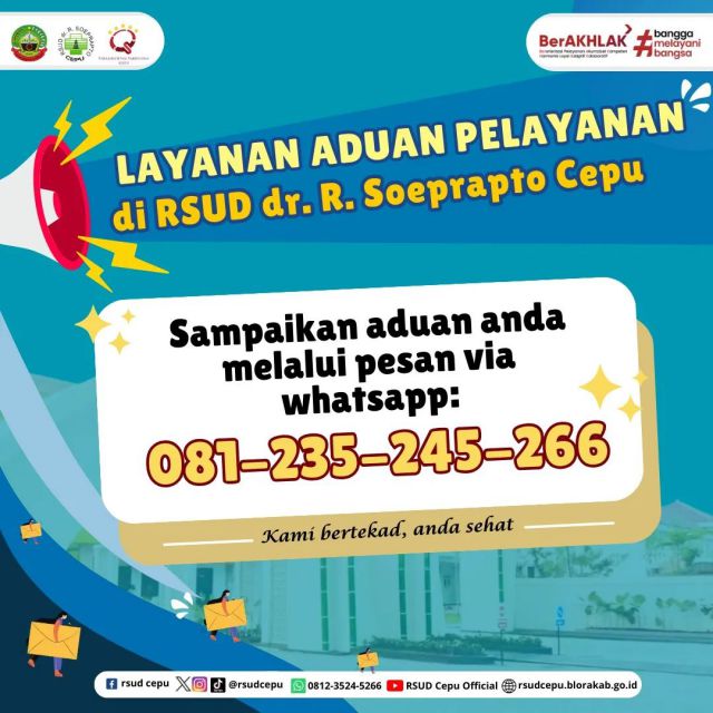 hai #sobatrsudcepu 👋🏻•• Ini nomor aduan pelayanan RSUD Cepu yaa~Apabila ada aduan bisa kirim via whatsapp ya. Kami bertekad, anda sehat••#rsudcepu #infocepu #infoblora #blora #layananaduan