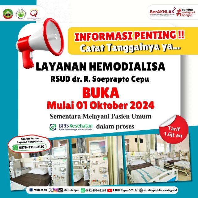 Hai #sobatrsudcepu 👋🏻Informasi penting nih, catat tanggalnya ya 😍••Layanan hemodialisa di RSUD dr. R. Soeprapto Cepu akan buka mulai 01 Oktober 2024, bagi sobat yang membutuhkan layanan hemodialisa bisa banget nih ke RSUD Cepu,sekarang sudah tidak perlu jauh jauh lagi untuk cuci darah ya, ke RSUD Cepu aja 😍••Sementara melayani pasien umum ya, untuk pasien BPJS masih dalam proses 🙏🏻#rsudcepu #hemodialisa #cucidarah #hemodialisacepu #hemodialisablora #infocepu #infoblora