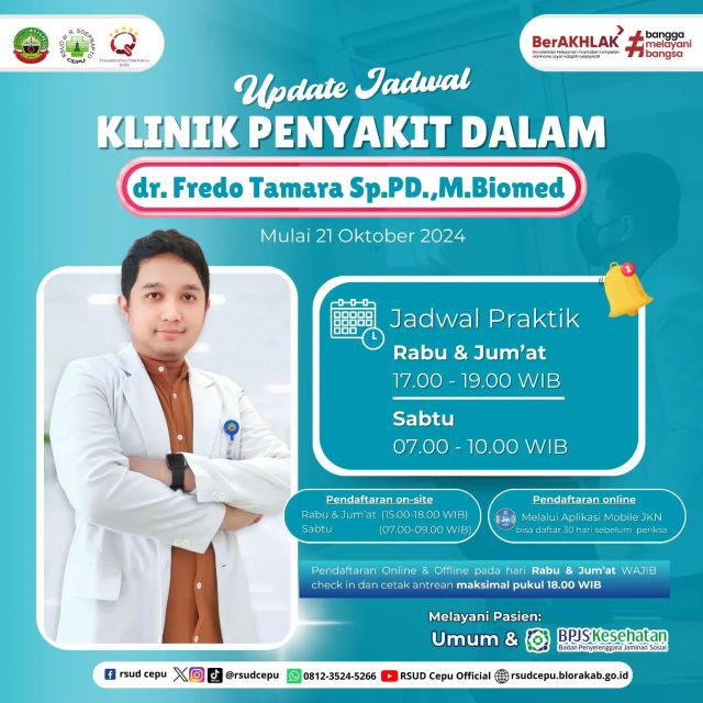 Hai #sobatrsudcepu 👋🏻Ada informasi update jadwal dokter terbaru nih !!!••Mulai hari ini (Senin, 21 Oktober 2024) Klinik Penyakit Dalam oleh dr. Fredo Tamara, Sp.PD.,M.Biomed terdapat perubahan jadwal sebagai berikut:🗓️ Rabu & Jum'at (17.00-19.00 WIB)🗓️ Sabtu (07.00-10.00 WIB)Boleh disave ya postingan ini, biar sobat nantinya tidak salah jadwal 😍••#rsudcepu #polidalam #klinikpenyakitdalam #spesialispenyakitdalam #infocepu #infoblora #blora