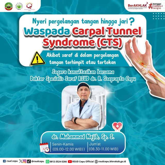 Hai #sobatraudcepu👋🏻Pernah nggak sih sobat mengalami nyeri pergelangan dan menjalar sampai ke jari? Hmm... jangan dibiarkan ya karena bisa jadi sobat terkena Carpal Tunnel Syndrome loh !!••Jika sobat merasakan gejala seperti diatas, yuk segera konsultasikan dengan dokter spesialis syaraf di RSUD Cepu, agar sobat segera dapat penanganan yang tepat ya 🤩••#rsudcepu #CTS #carpaltunnelsyndrome #spesialissaraf #infocepu #infoblora #blora