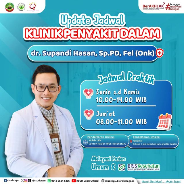 Kabar Gembiraa !!!Klinik Penyakit Dalam oleh dr. Supandi Hasan, Sp.PD,Fel (Onk) BUKA LEBIH LAMA !!! ✨😍••Hai #sobatrsudcepu👋🏻 Siapa nih disini yang sering periksa ke dr. Hasan? Yap, mulai tanggal 02 Januari 2025 jadwal praktik dr. Hasan bakal lebih lama lohh, dengan jadwal praktik🗓️ Senin s.d Kamis (10.00-14.00 WIB)🗓️Jum'at (08.00-11.00 WIB)Jangan sampai salah jadwal ya 😍#rsudcepu #spesialisdalam #spesialispenyakitdalam #infocepu #infoblora #blora