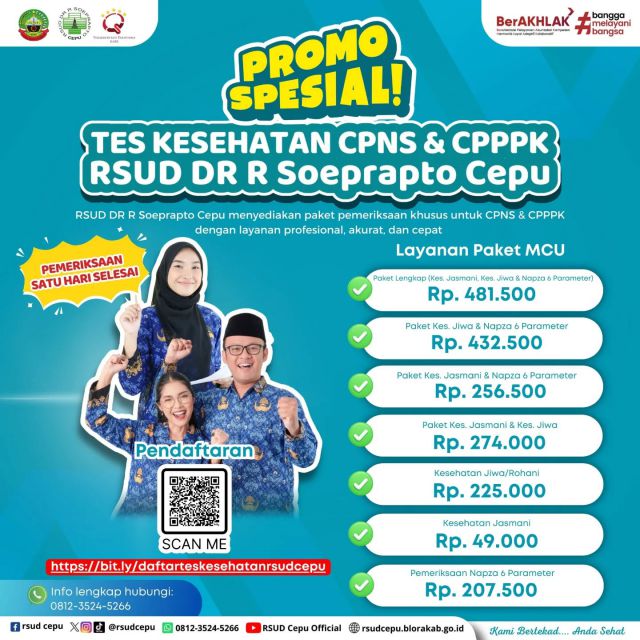 CEK KESEHATAN DI RSUD DR R SOEPRAPTO CEPU YUK 🤩••Hai #sobatraudcepu👋🏻 Siapa nih yang mencari cari fasilitas kesehatan untuk melakukan tes kesehatan? Nih mimin spill info cek kesehatan yang sobat butuhkan 🤩Ada pertanyaan? Bisa langsung komen dibawah ya sobat 🥰••#rsuddrsoepraptocepu #rsudcepu #cekkesehatan #teskesehatancpns #teskesehatanpppk #mcu #medicalcheckup