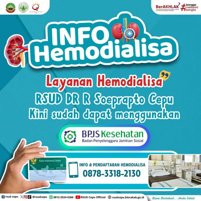 HEMODIALISA DI RSUD CEPU SUDAH BISA PAKAI BPJS KESEHATAN 🤩Hai #sobatrsudcepu👋🏻 Kabar gembira nih, kini layanan hemodialisa di RSUD DR R Soeprapto Cepu sudah bisa pakai penjamin BPJS Kesehatan ya, yuk yuk infokan ke sanak saudara,keluarga ataupun tetangga yang membutuhkan 🥰••#rsuddrsoepraptocepu #rsudcepu #hemodialisacepu #hemodialisa #hemodialisablora #infocepu #infoblora #blora