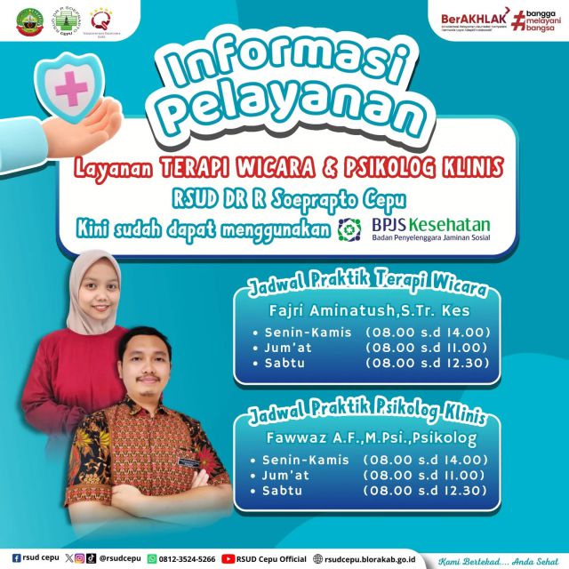 TERAPI WICARA & PSIKOLOG KLINIS SUDAH BISA MELAYANI PASIEN BPJS KESEHATAN 🤩••Hai #sobatrsudcepu 👋🏻Kini layanan terapi wicara dan psikolog klinis sudah bisa melayani pasien dengan penjamin BPJS Kesehatan loh,yuk yuk yang kemarin tanya kapan bisa melayani pasien BPJS Kesehatan kami tunggu di RSUD DR R Soeprapto Cepu ya 😍••#rsudcepu #rsuddrrsoepraptocepu #terapiwicara #psikolog #psikologklinis #bpjskesehatan #infocepu #infoblora #blora