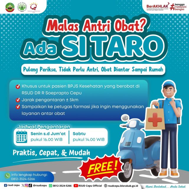 Malas Antri Obat? Gunakan Si Taro 🤩Hai #sobatrsudcepu 👋🏻Tau nggak sih kalau RSUD Cepu memiliki Layanan khusus yaitu Si Taro (Siap Antar Obat) Layanan ini gratis tanpa di pungut biaya, Syarat dan ketentuan ada di flyer atas ya 🥰..#rsudcepu #rsuddrrsoepraptocepu #antarobat #layananantarobat #infocepu #infoblora #blora