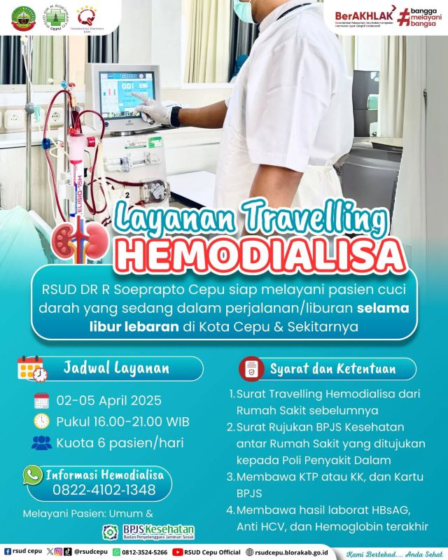 Hai #sobatrsudcepu 👋🏻Mimin kasih info nih, bagi sobat, tetangga ataupun sanak saudara yang lagi pada mudik dan membutuhkan layanan hemodialisa selama libur lebaran, bisa banget nih ke RSUD DR R Soeprapto Cepu 😍Untuk pendaftaran dan informasi lebih lanjut bisa menghubungi contact person diatas ya 🥰••#rsudcepu #rsuddrrsoepraptocepu #hemodialisa #travellinghemodialisa