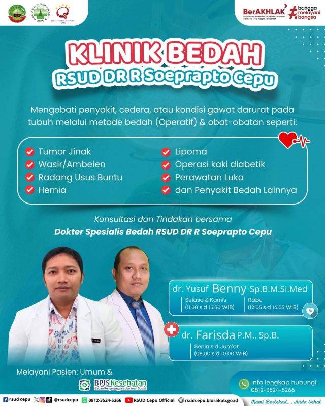 Ada benjolan kecil tapi bikin khawatir? Atau gejala usus buntu yang nggak kunjung reda? Klinik Bedah RSUD DR R Soeprapto Cepu siap bantu sobat cari solusinya.Lebih cepat ditangani, lebih cepat untuk sembuh 🤩••#rsudcepu #dokterbedah #spesialisbedah #blora #infoblora #infocepu