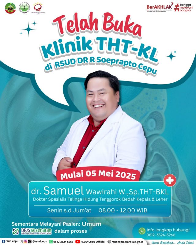 Kabar baik untuk warga Cepu dan sekitarnya ! 😍Kini RSUD DR R Soeprapto Cepu resmi membuka layanan Klinik THT-KL (Telinga, Hidung, Tenggorokan Bedah Kepala & Leher).Jadwal Praktik Klinik THT-KL:Senin – JumatPukul 08.00 – 12.00 WIBDiperiksa langsung oleh dokter spesialis THT-BKL yang profesional dan ramah loh.Yuk jaga kesehatan telinga, hidung, dan tenggorokan sobat mulai sekarang 🤩#KlinikTHTCepu #RSUDCepu #drRSoerpraptoCepu #PelayananKesehatan #CepuSehat #LayananTHT #Cepu #Blora #THTBlora #KesehatanTHT #DokterTHT